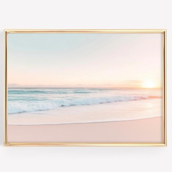 Pastel Ocean Print Coastal Wall Decor Neutral Tropical Beach Art Ocean Sunrise Poster Tranquil Sea Photography Wall Art