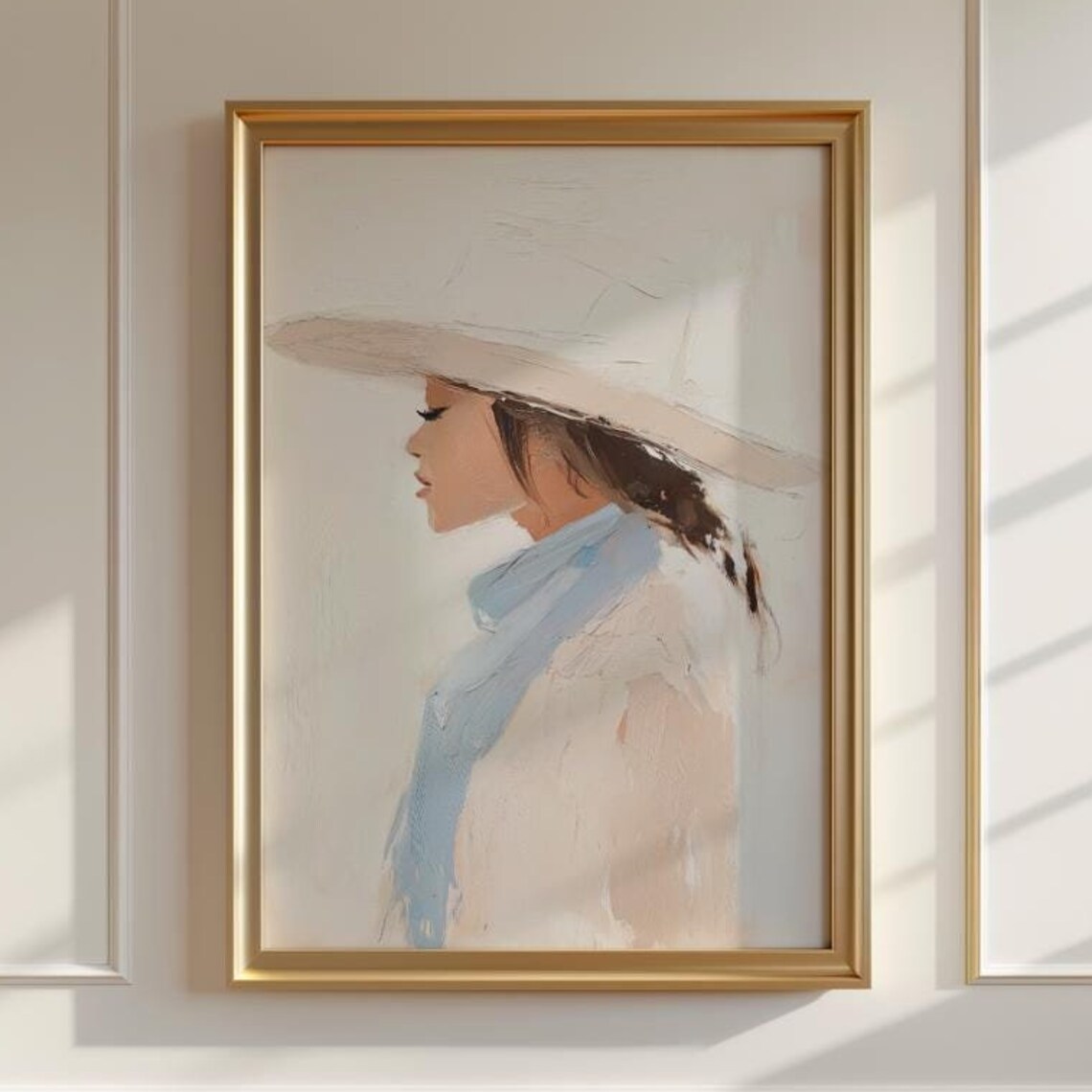 Woman in White Wide Brim Hat Profile Soft Neutral Portrait Oil Poster