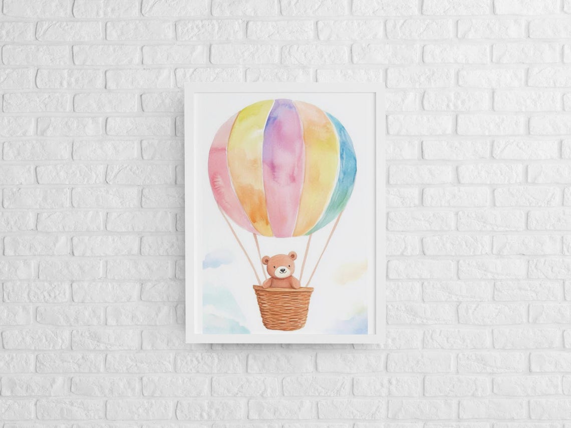 Pastel Rainbow Balloon With Teddy Bear In Basket Nursery Poster - Image 2