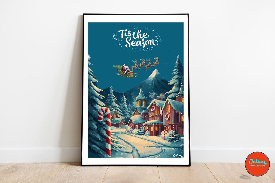 Tis the Season Santa Sleigh Flying Over Snowy Village Poster