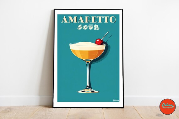 Amaretto Sour Classic Cocktail with Cherry Vintage Bar Poster