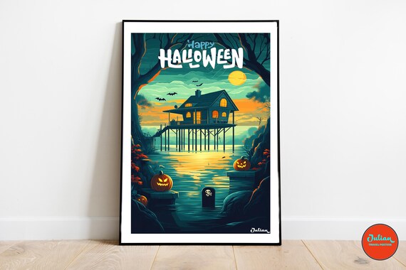 Happy Halloween Stilt House on Moonlit Water Lakeside Poster