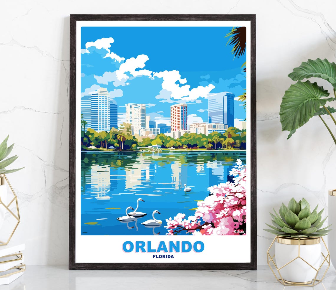 Orlando Florida Bright Lakefront Skyline With White Swans Poster