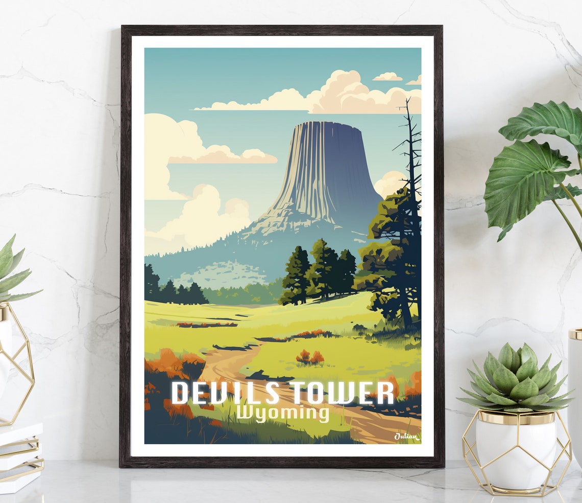 Devils Tower Wyoming Butte Over Golden Prairie Landscape Poster