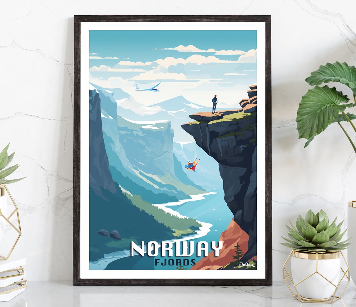 Norway Fjords Cliff Jumper Adventure Panoramic View Travel Poster