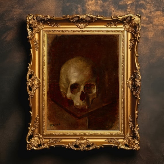 Vintage Skull Print Gothic Painting Dark Academia Moody Wall Art Halloween Decor Memnto Mori Antique Oil