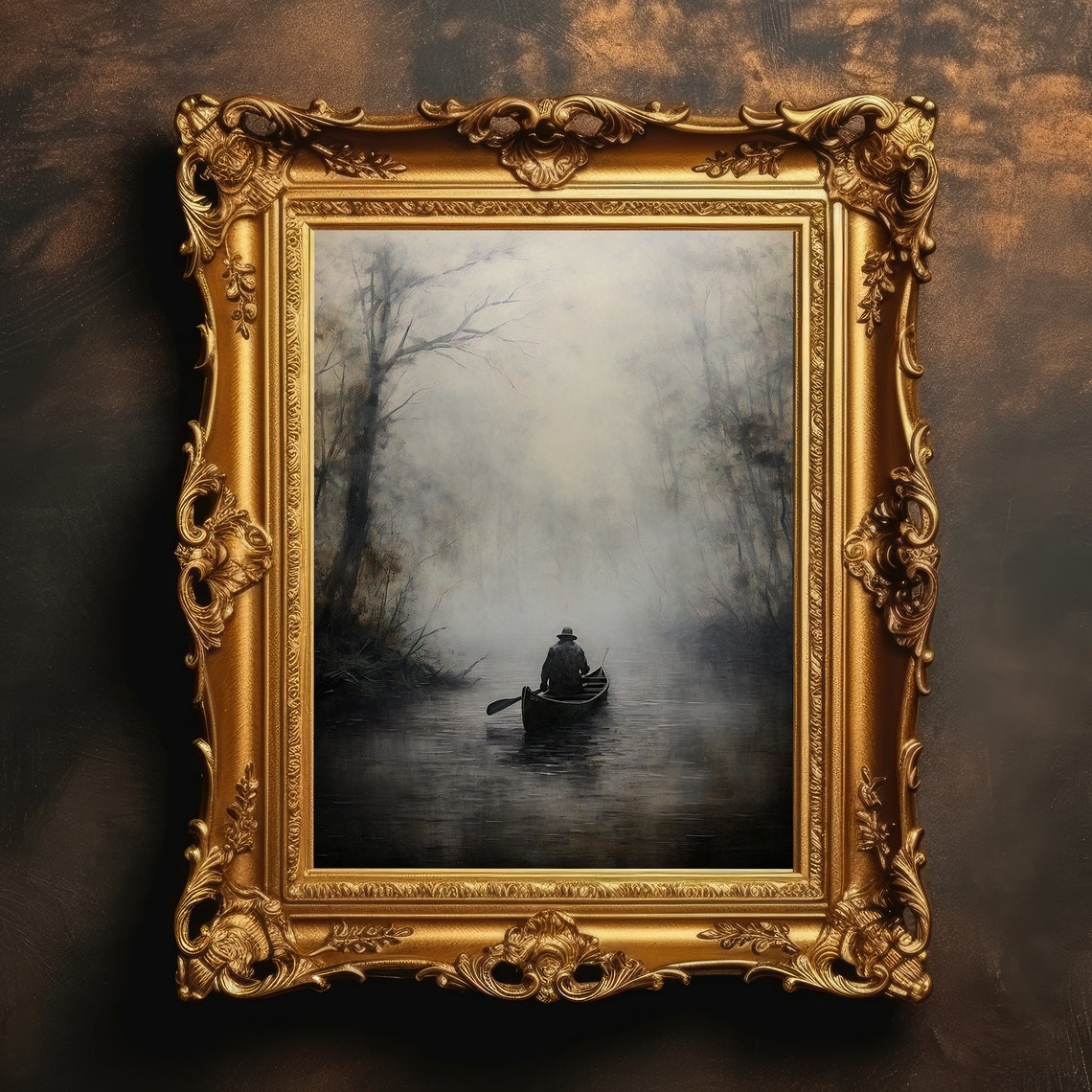 Lone Man Rowing a Small Boat Through Thick Fog Vintage Poster