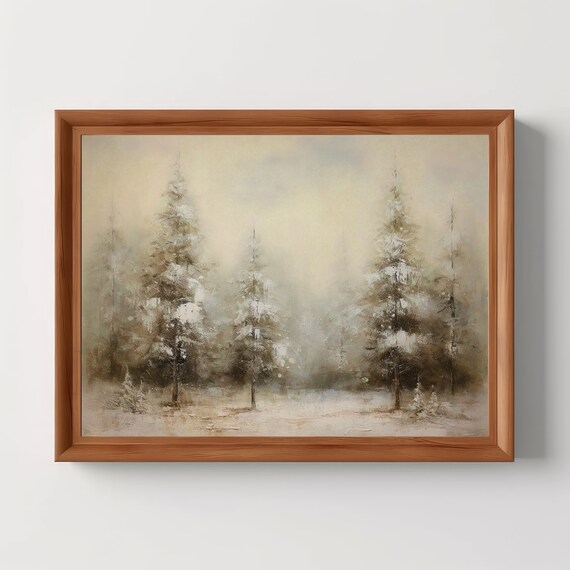 Snowy Winter Forest Pine Trees Vintage Moody Oil Painting Print