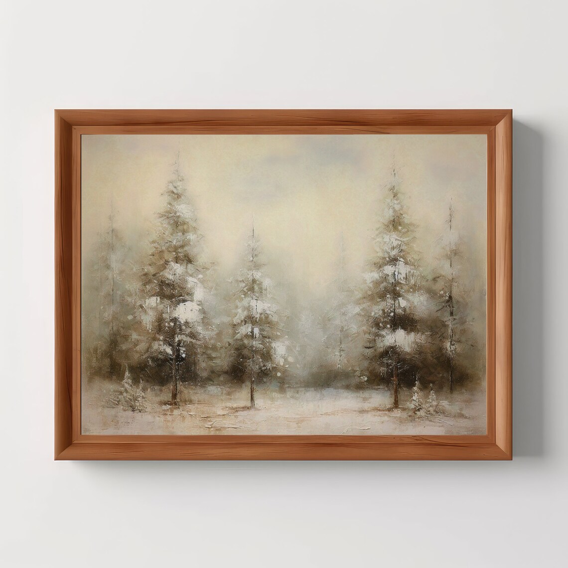 Snowy Winter Forest Pine Trees Vintage Moody Oil Painting Print