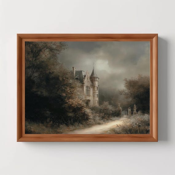 Haunted Gothic Castle Dark Academia Architecture Print Vintage Mansion Painting Moody Landscape Art