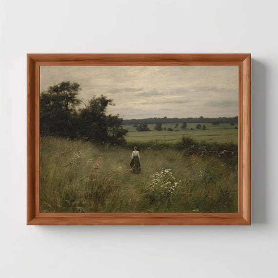 Rural Meadows Dark Summer Landscape Moody Wall Art Vintage Oil Painting Country Field Farm Nature Print