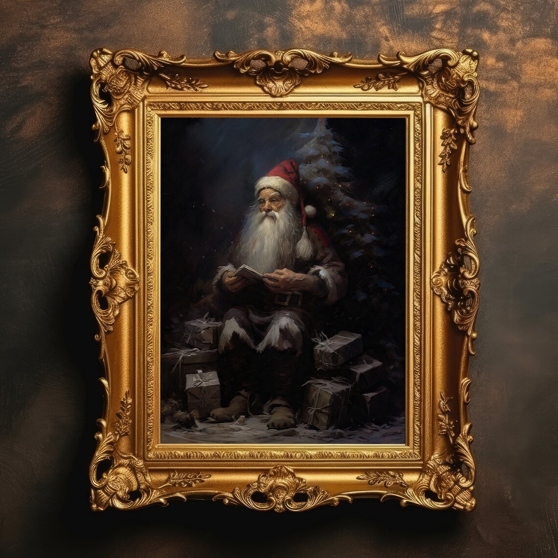 Santa Claus Reading Letter Christmas Night Dark Oil Painting Print