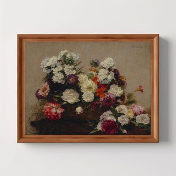 Still Life With Flowers Vintage Print Moody French Painting Decor Dark Academia Botanical Wall Art