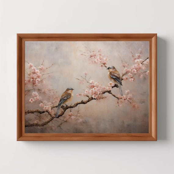 Spring Birds Painting Vintage Cherry Blossoms Landscape Muted Pink Tone Wall Art Moody Print