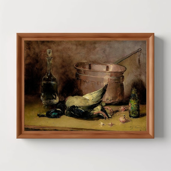 Dead Mallard Duck Copper Pot Rustic Still Life Oil Painting Print