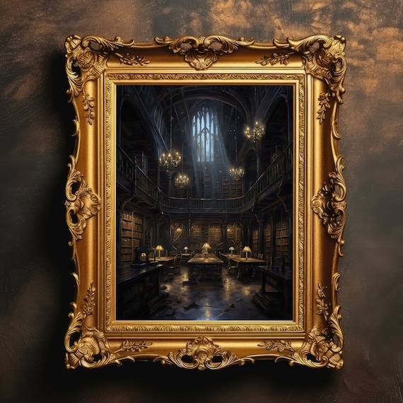 Dark Gothic Library Interior With Chandeliers Moody Wall Art