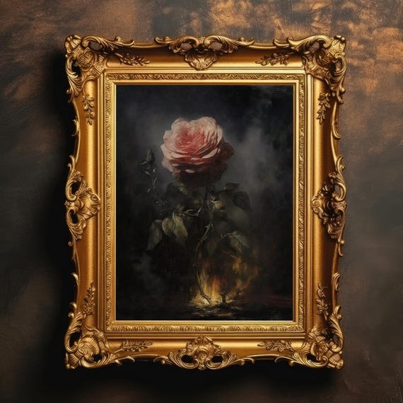 Rose On Fire Botanical Wall Art Vintage Floral Print Dark Academia Moody Flower Painting