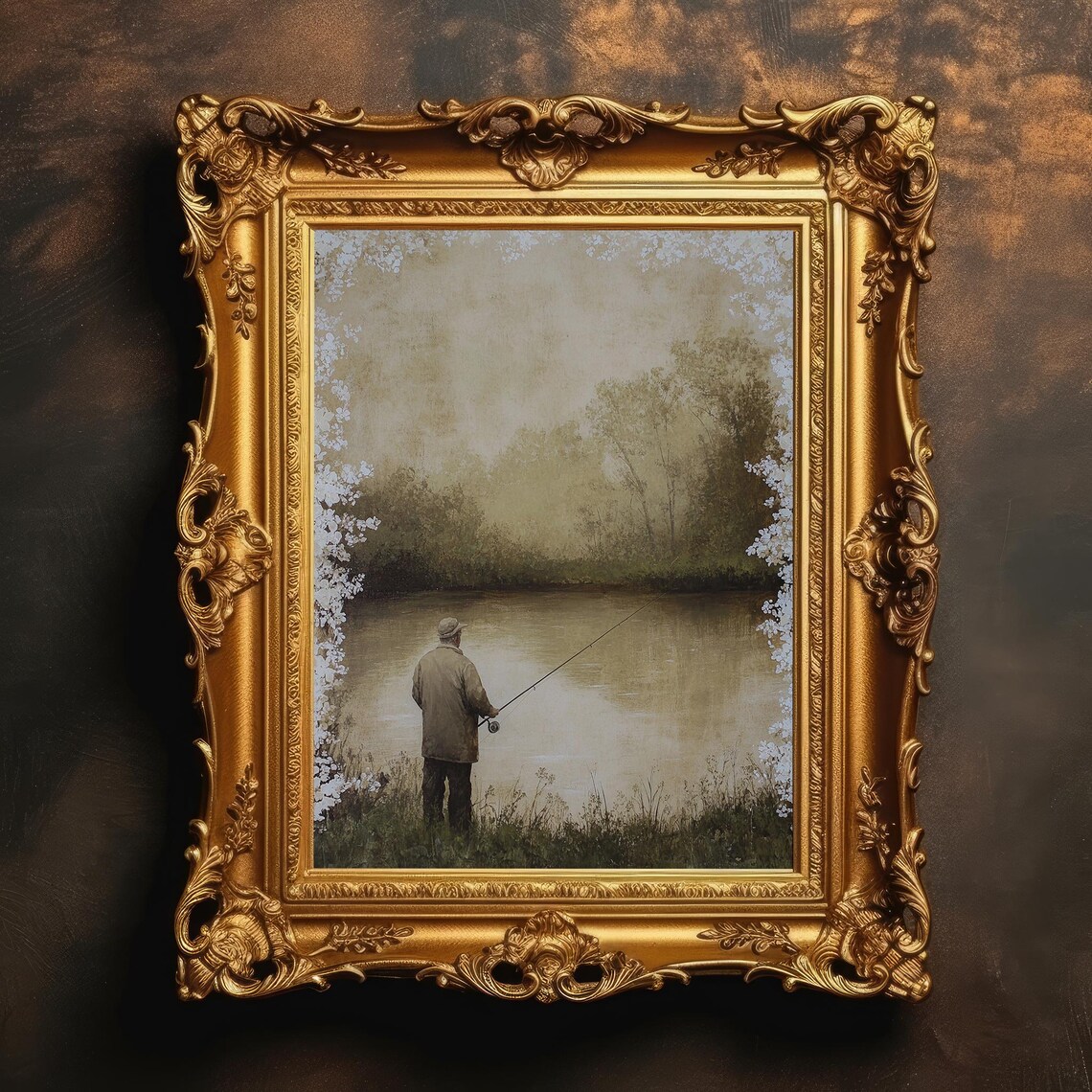 Fisherman by the Misty Lake in Vintage Oil Painting Wall Print