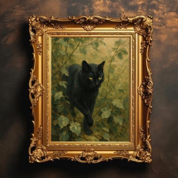 Black Cat In Forest Dark Academia Gothic Animal Vintage Oil Painting Style Moody Halloween Wall Art