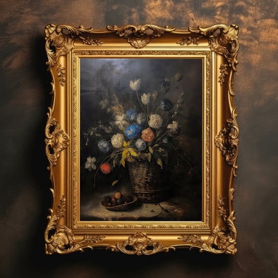 Floral Still Life Antique Vintage Oil Painting Dark Academia Country Botanical Wall Art Flower