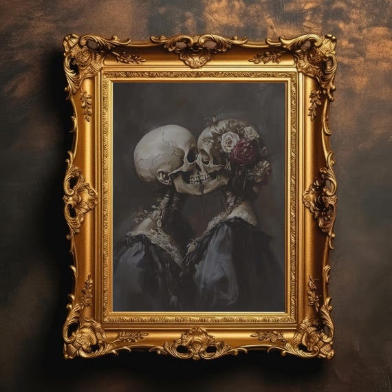 Dark Skeleton Lovers Art Academia Floral Botanical Wall Gothic Romance Decor Moody