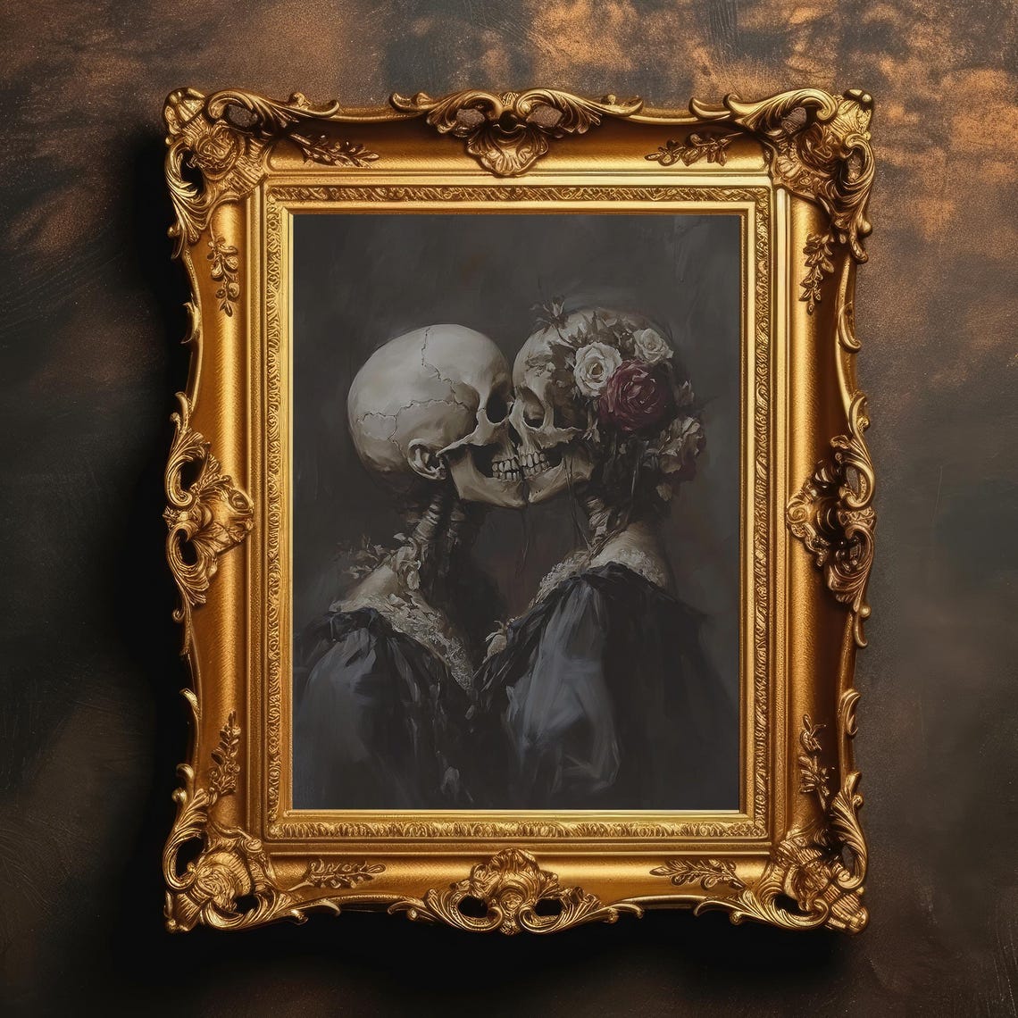 Skeleton Lovers Embrace Dark Gothic Romance Wall Art Floral Skulls