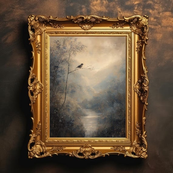 Misty Morning Bird Art Atmospheric Landscape Wall Gray Blue Contemporary Wildlife Canvas Moody Painting