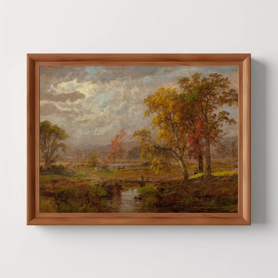 Pastoral Autumn Landscape Wall Art Prints Rustic Country Painting Vintage Fall Decor Moody