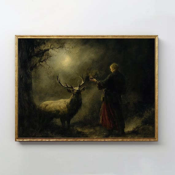 Deer Encounters Man Print Vintage Oil Painting Classical Romantic Art Gothic Room Decor Moody Wall