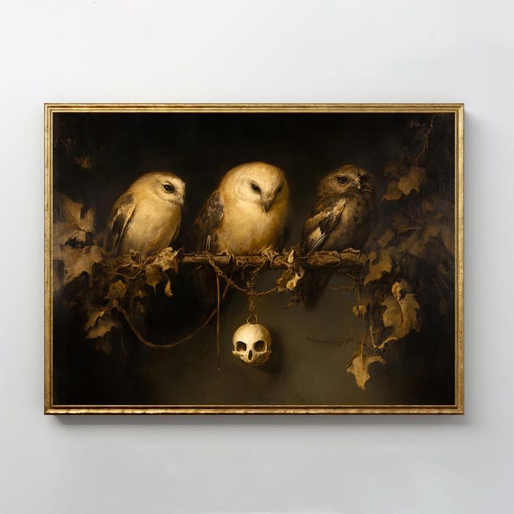 Gothic Owls Perched Dark Academia Print Vintage Oil Painting Skull Still Life Moody Wall Art Goth Decor