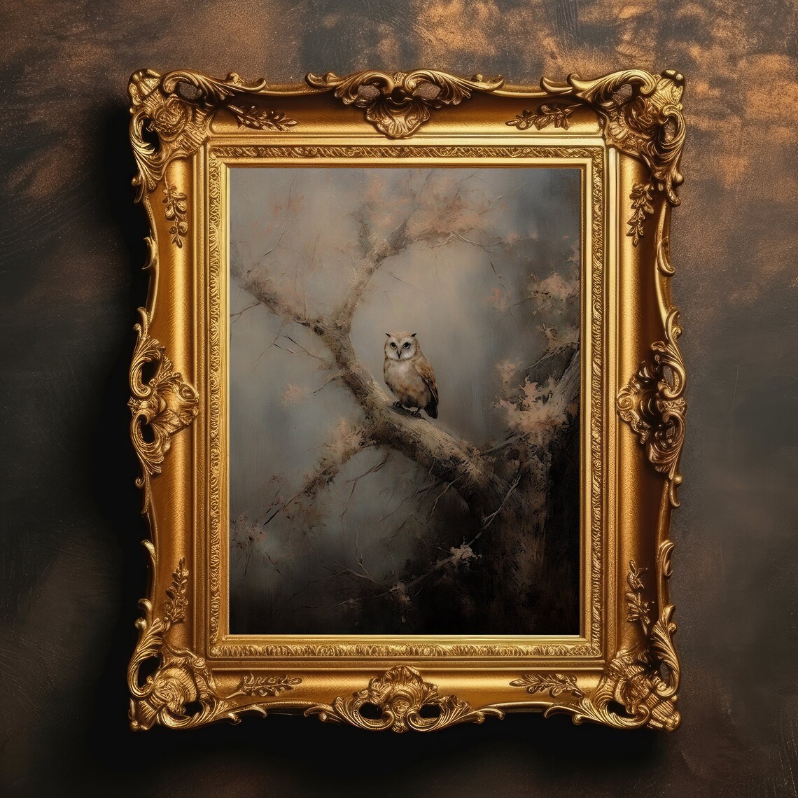 Barn Owl on Misty Branch Vintage Painting Dark Academia Wall Poster