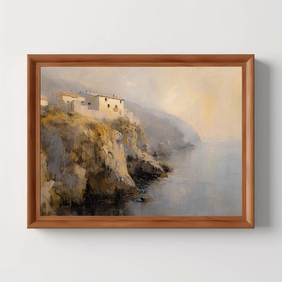 European Cliffside Coastal Landscape Warm Tone Vintage Wall Art Antique Oil Painting Moody Room Decor