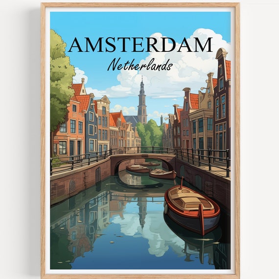 Amsterdam Poster Wall Art Decoration Travel Illustration Netherlands Vintage Gift Print