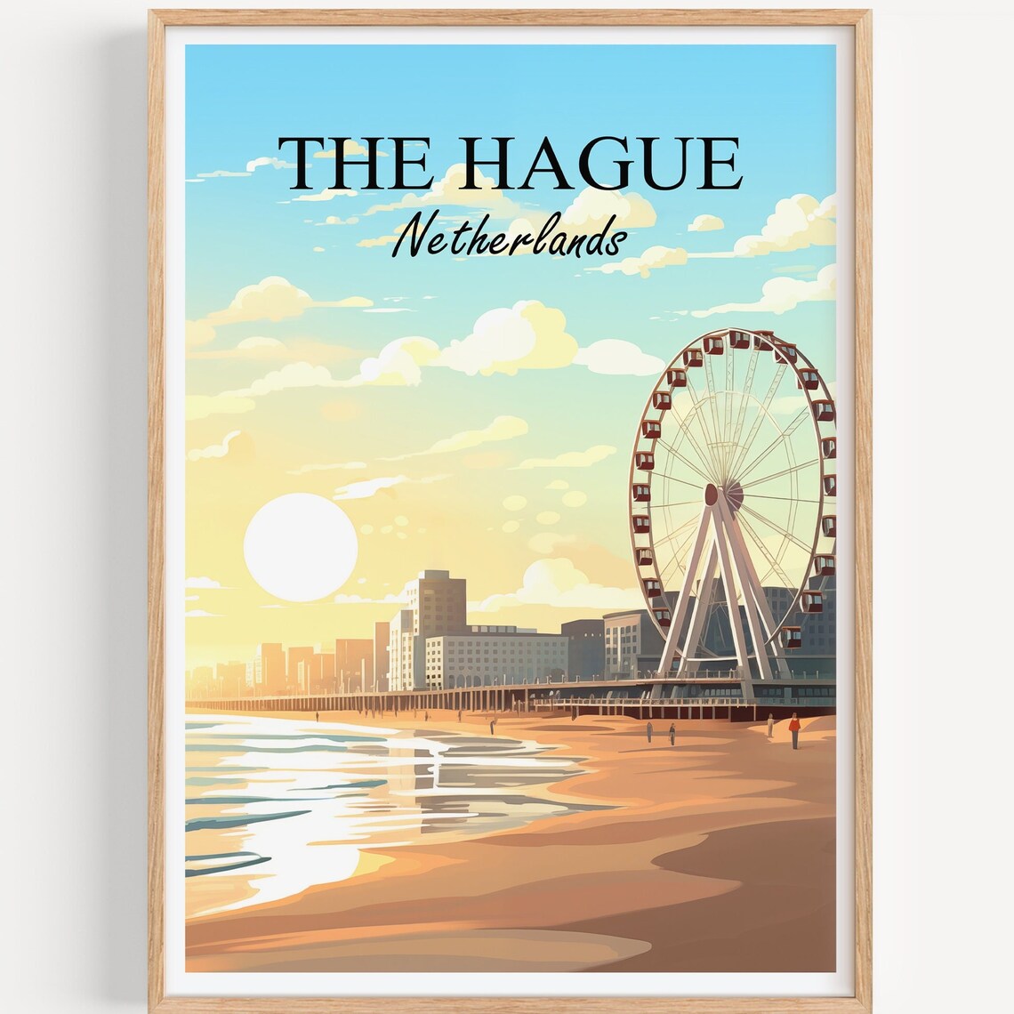 The Hague Netherlands Beach Ferris Wheel Sunset Golden Poster