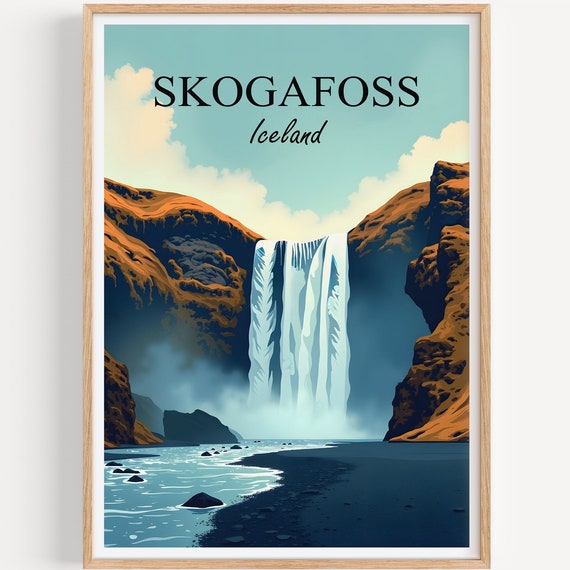 Skogafoss Poster Wall Art Decor Travel Illustration Iceland Vintage Gift Print