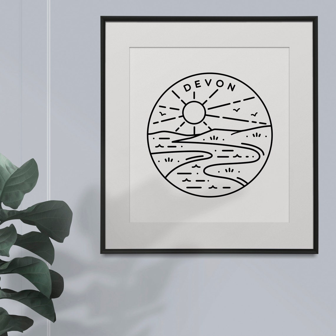 Devon England Sun And River Circle Coastline Line Art Poster