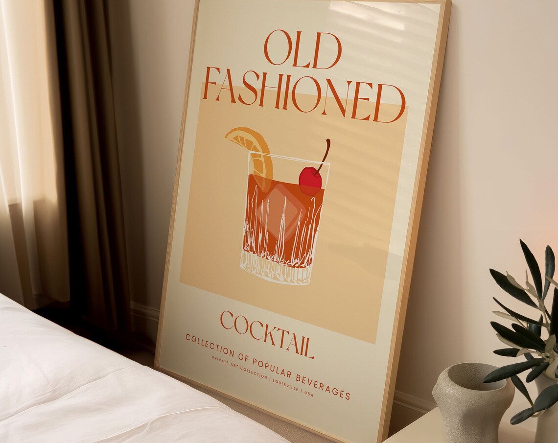 Old Fashioned Cocktail Vintage Bar Kitchen Decor, Art Print