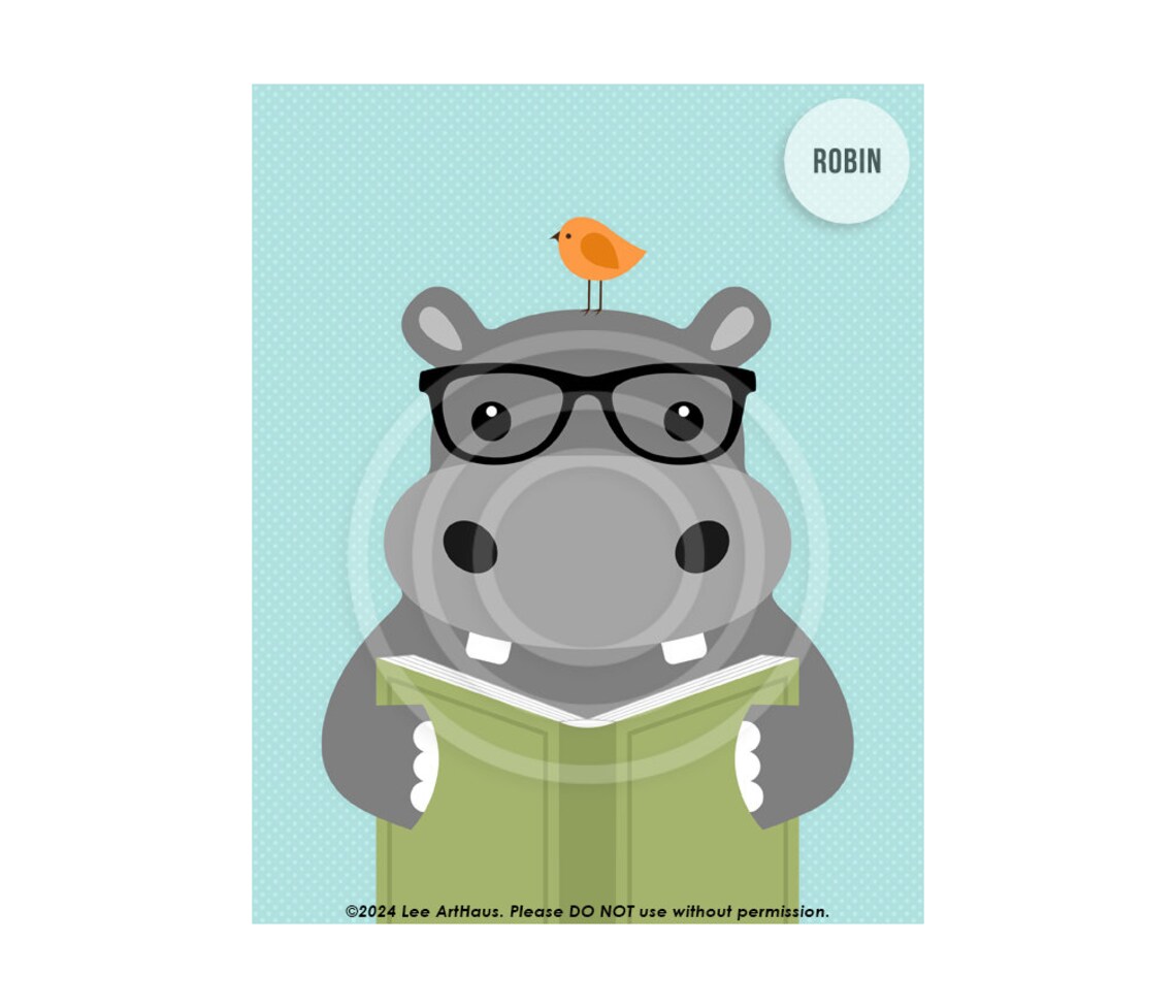 Cute Hippo Reading Book With Glasses Yellow Zoo Animal Nursery Kids Poster - Image 5