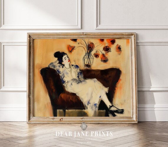 Reclining Woman on Chaise Lounge Vintage Oil Portrait with Poppies Poster