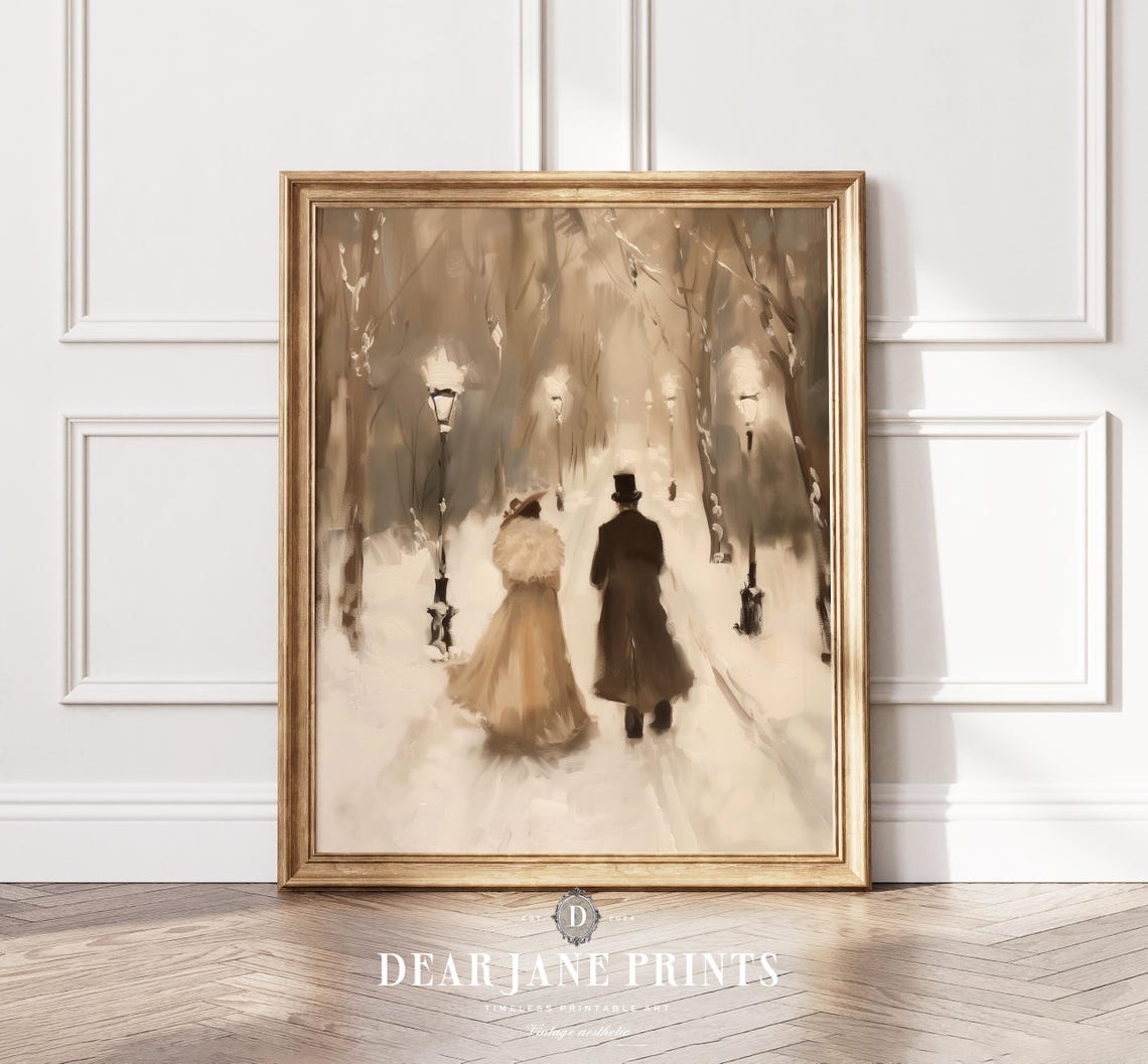 Victorian Couple Strolling Down Snowy Lamplit Street At Night Poster - Image 2