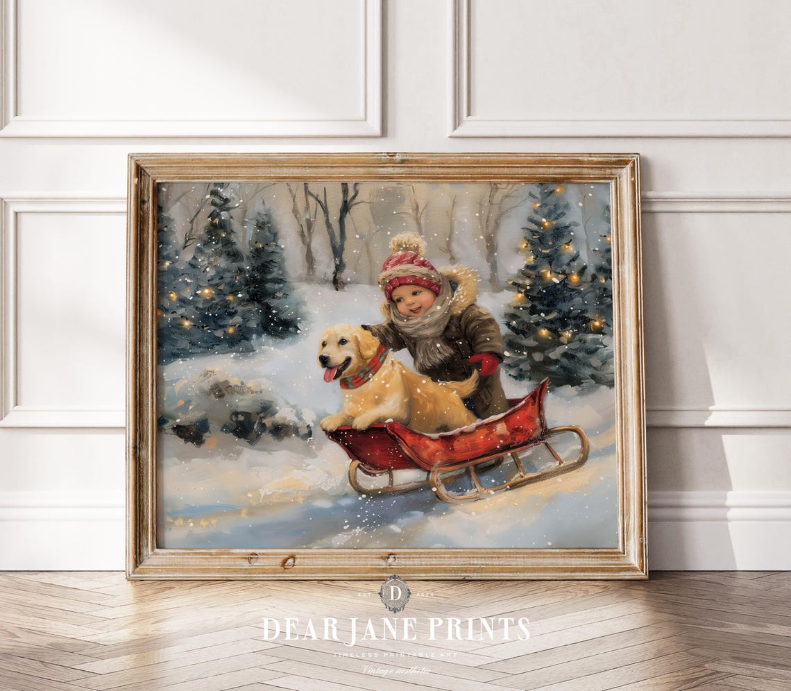 Golden Retriever Child Red Sled Snowy Woods Christmas Scene Wall Art - Image 2