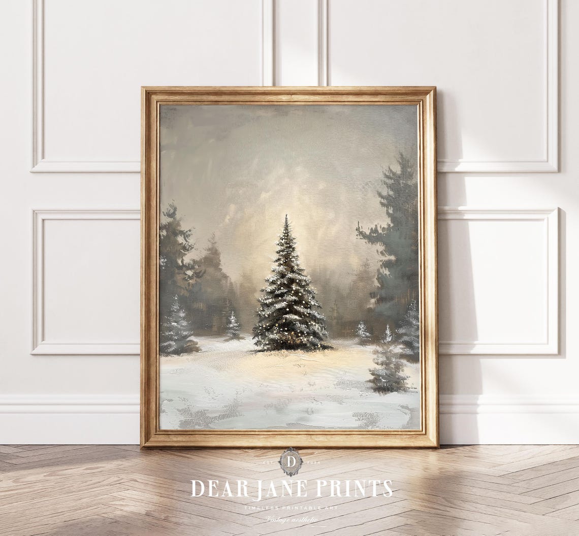 Snow Dusted Evergreen In Softly Lit Winter Clearing Painting Poster