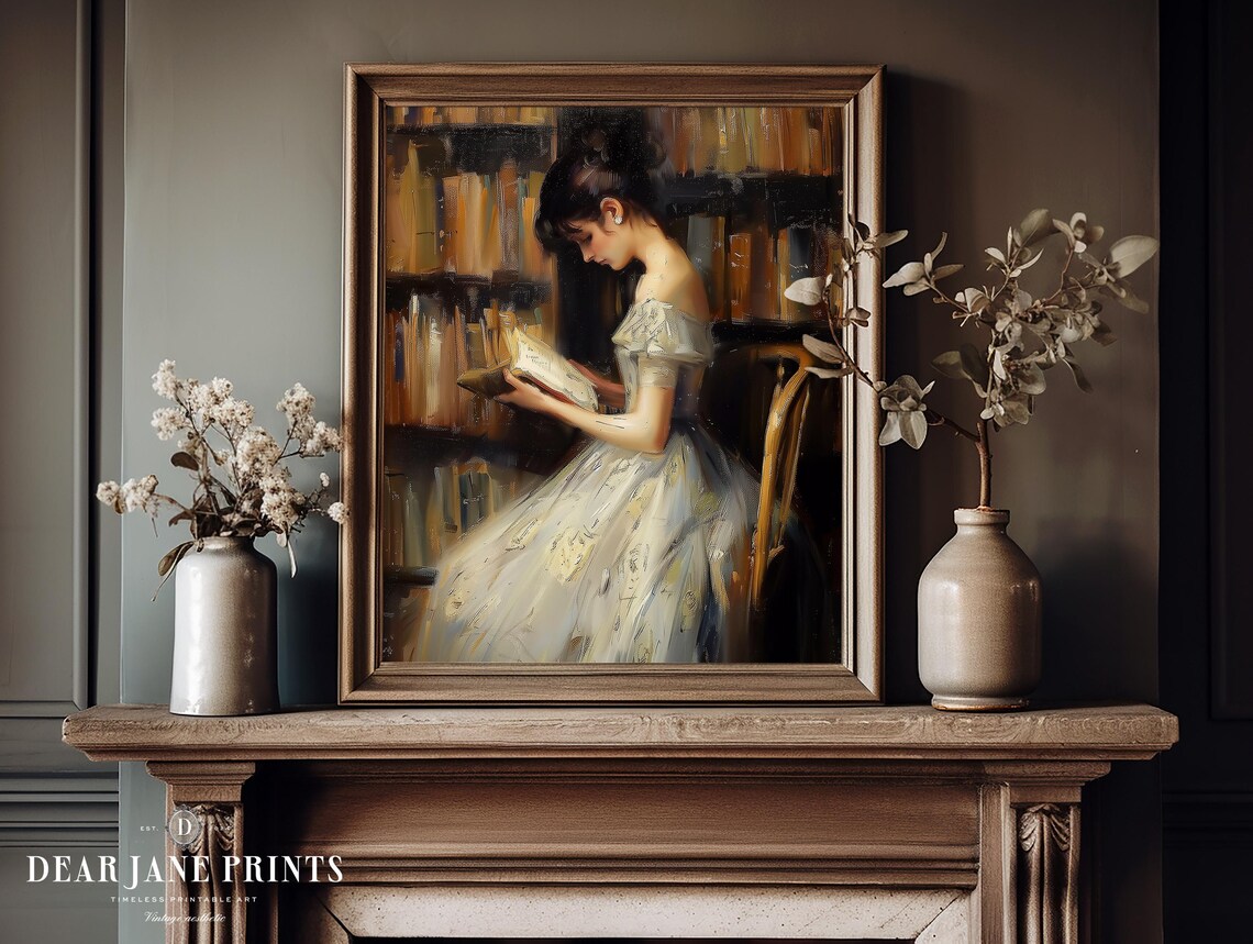 Elegant Woman Reading in Library Classic Vintage Portrait Oil Poster - Image 2