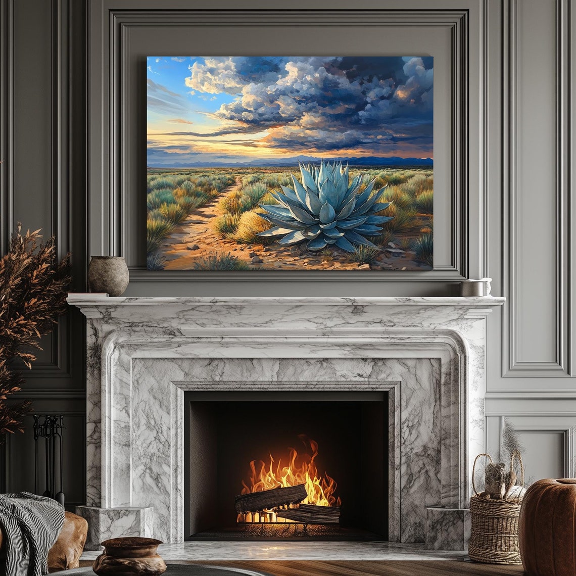 Desert Agave Trail Painting With Dramatic Cloud Sunset Art Print