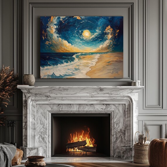 Moonlit Beach Night With Golden Clouds Over Ocean Waves Art Print