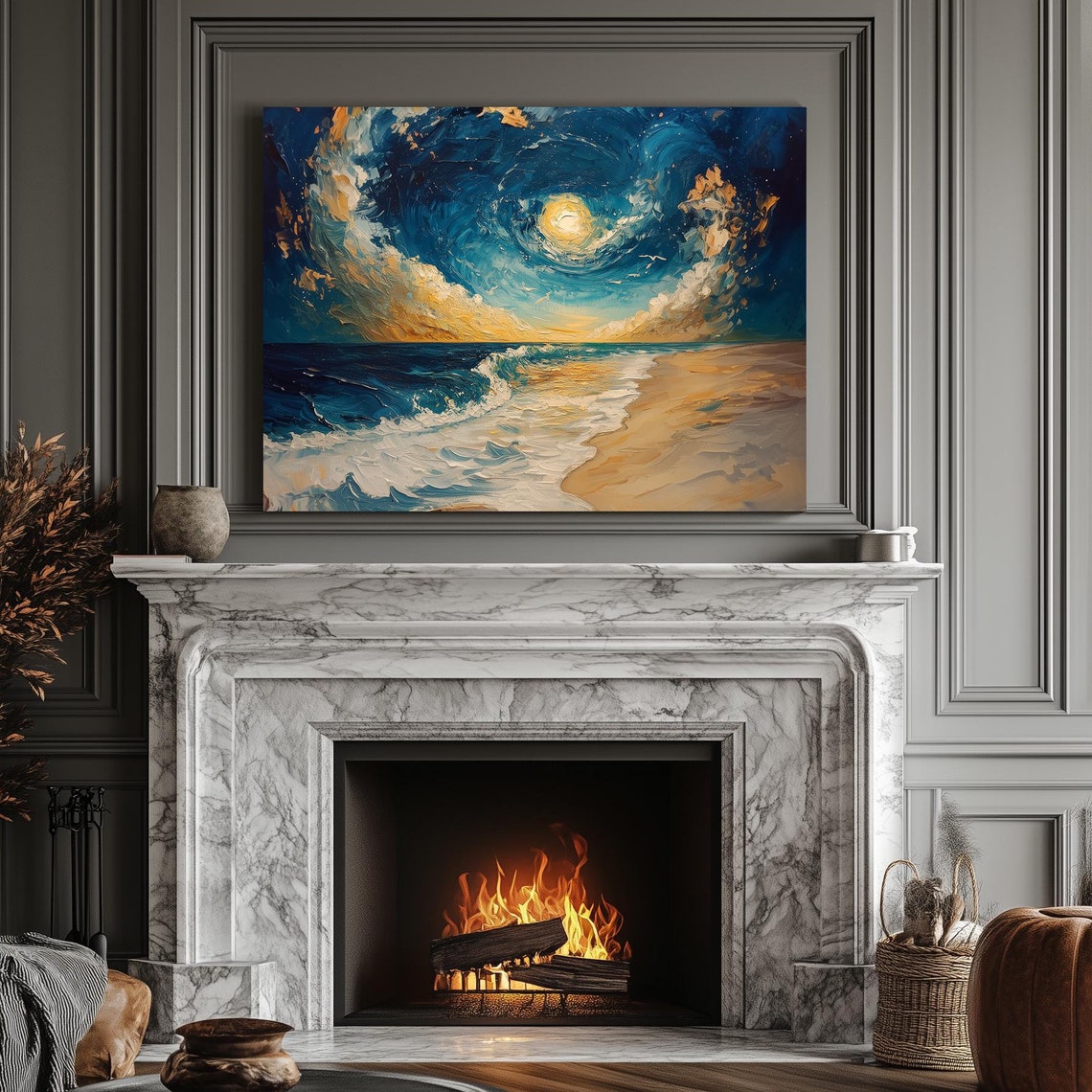 Moonlit Beach Night With Golden Clouds Over Ocean Waves Art Print