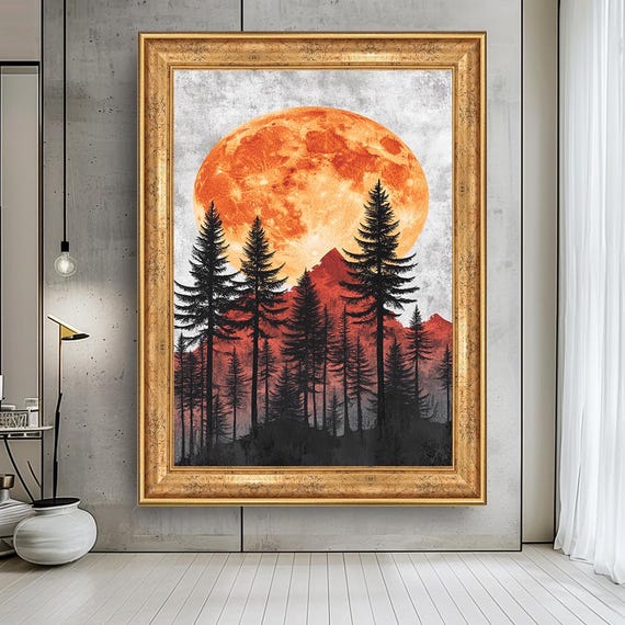 Full Moon Forest Canvas Art Mountain Pine Tree Silhouette Print