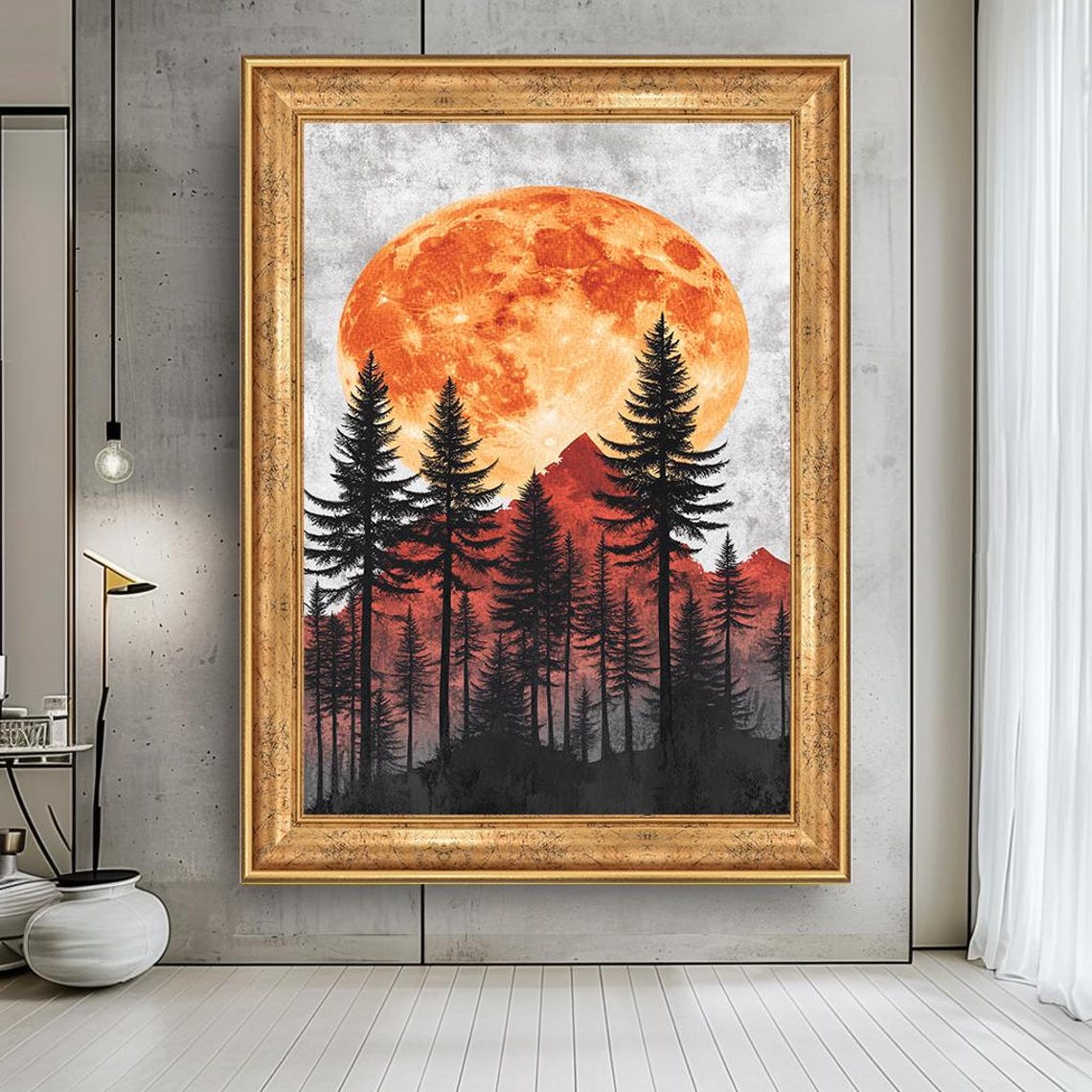 Full Moon Forest Mountain Pine Tree Silhouette Night Art Poster