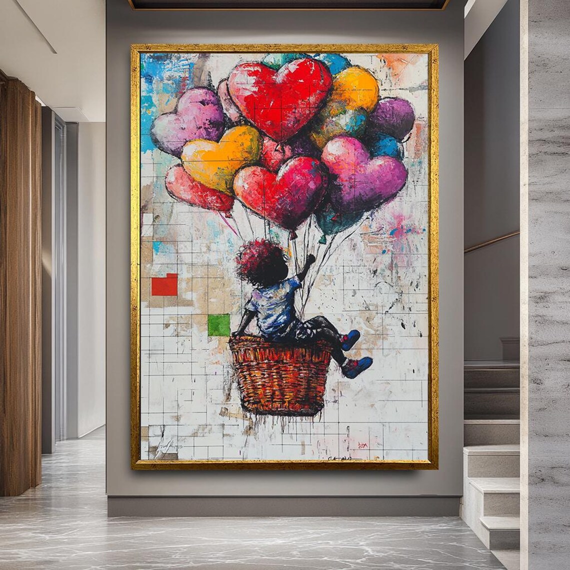 Child With Heart Balloon Basket Graffiti Style Colorful Joyful Art Poster