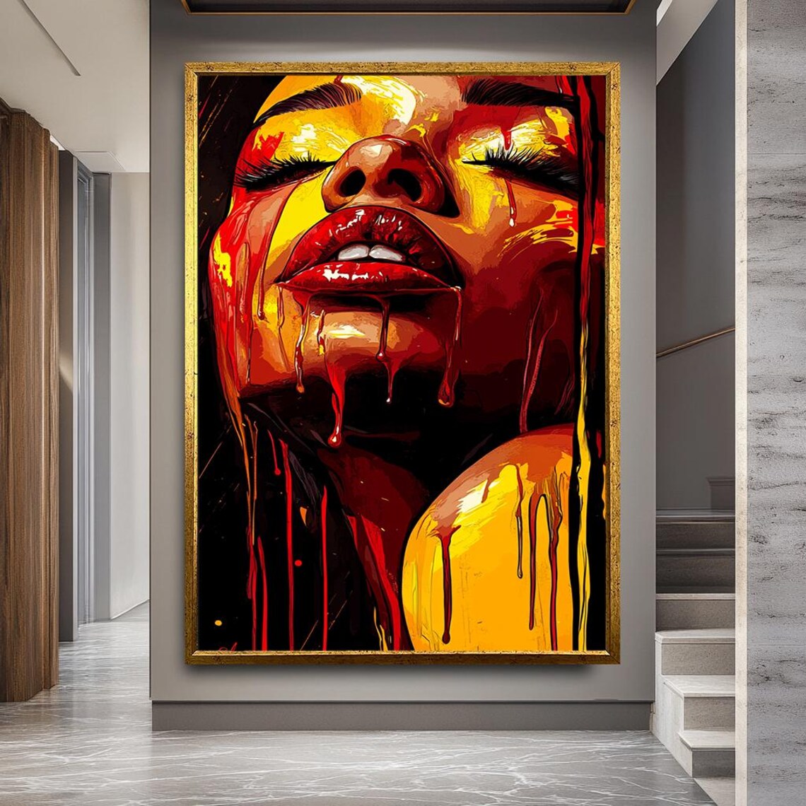 Abstract Woman Portrait Canvas Bold Dripping Paint Pop Art